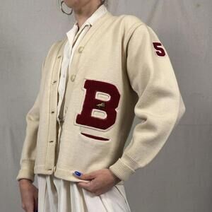 1950s “MaryJane” Varsity Letterman Cardigan – Cream Wool B Sweater